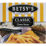 Box of Betsy's Classic Cheese Straws with yellow and white striped design