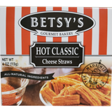 Box of Betsy's Hot Classic Cheese Straws with red and white striped design