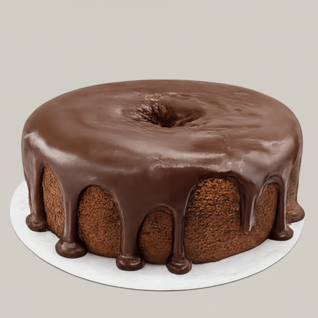 Chocolate round pound cake with a glossy chocolate glaze