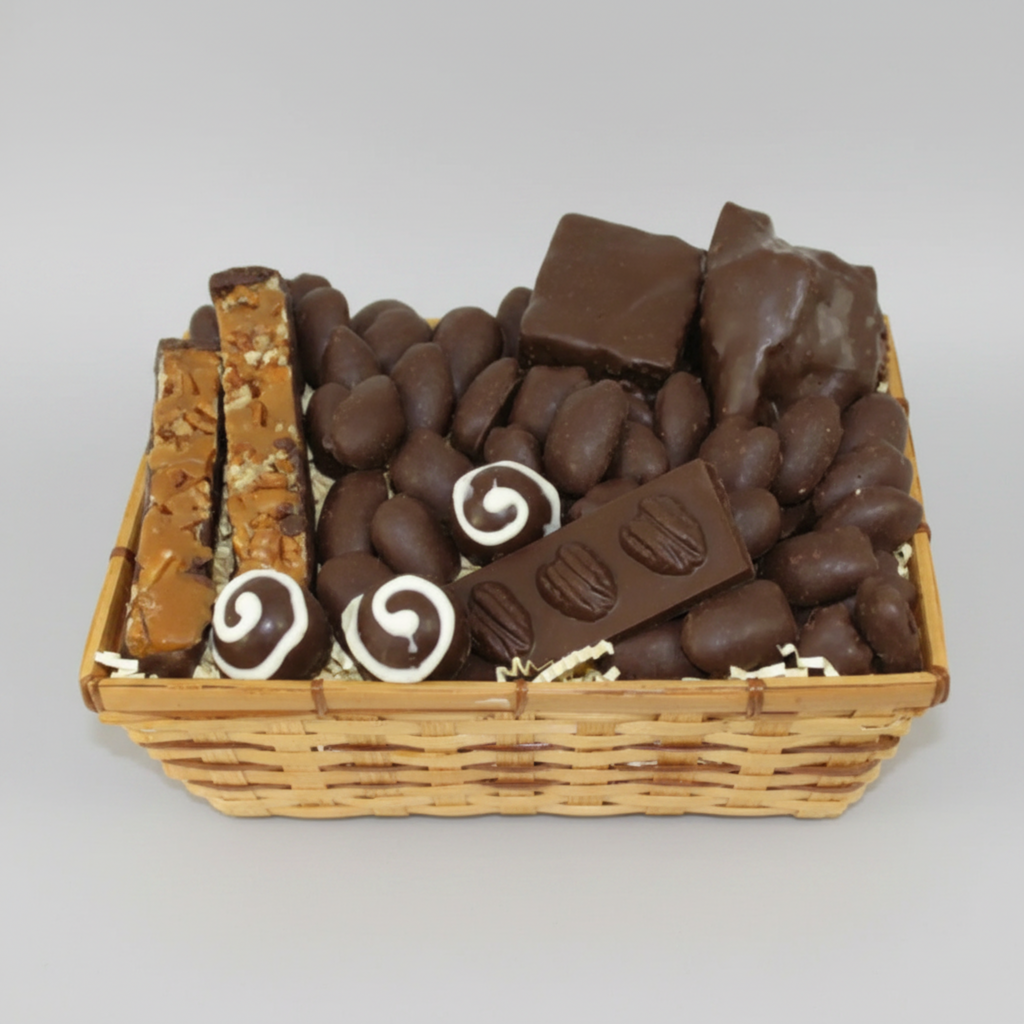 Basket of assorted dark chocolate candies on a gray background