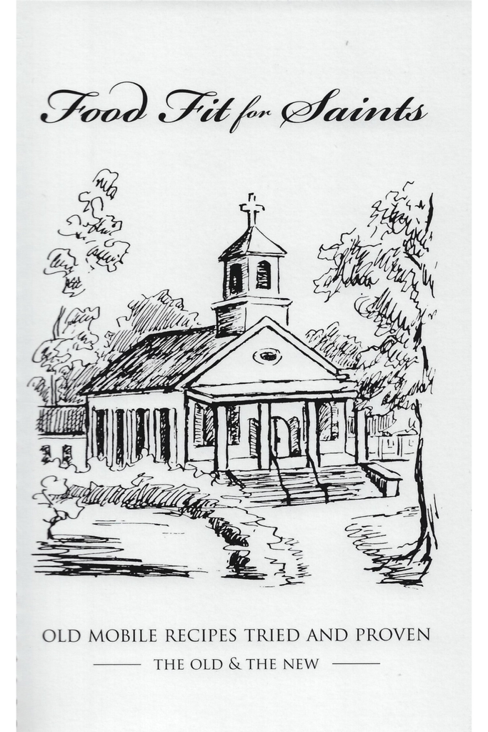 Coobook cover of 'Food Fit for Saints' with a black and white illustration of a church and trees.