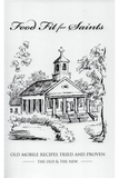 Coobook cover of 'Food Fit for Saints' with a black and white illustration of a church and trees.
