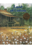 cookbook cover of 'Land of Cotton' with a cabin and cotton field illustration.