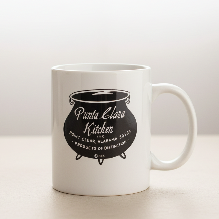 A white ceramic coffee mug featuring a black graphic of a cauldron with the text 'Punta Clara Kitchen' and 'PRODUCTS OF DISTINCTION' on a plain white background.