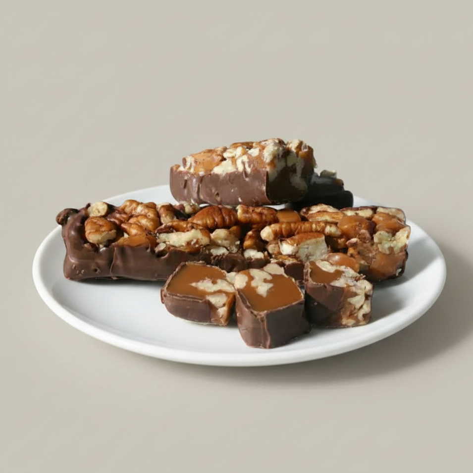 Dark chocolate caramel pecan candies on plate