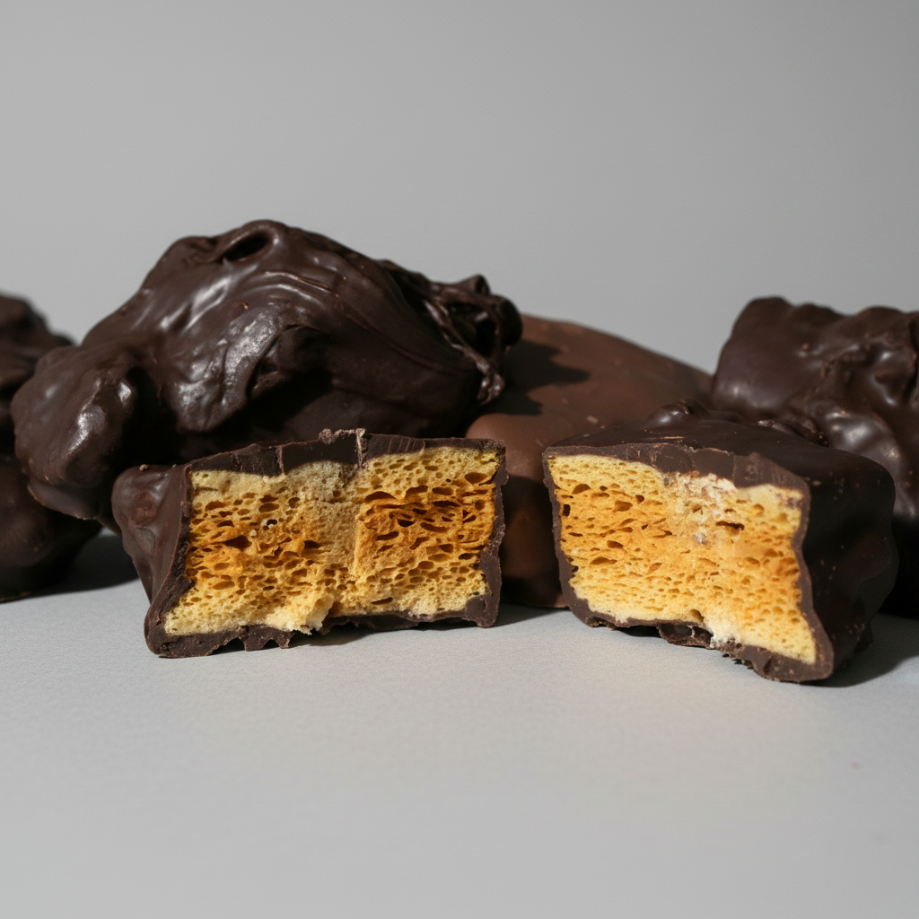 Chocolate-covered sponge candy showing sponge-like interior 