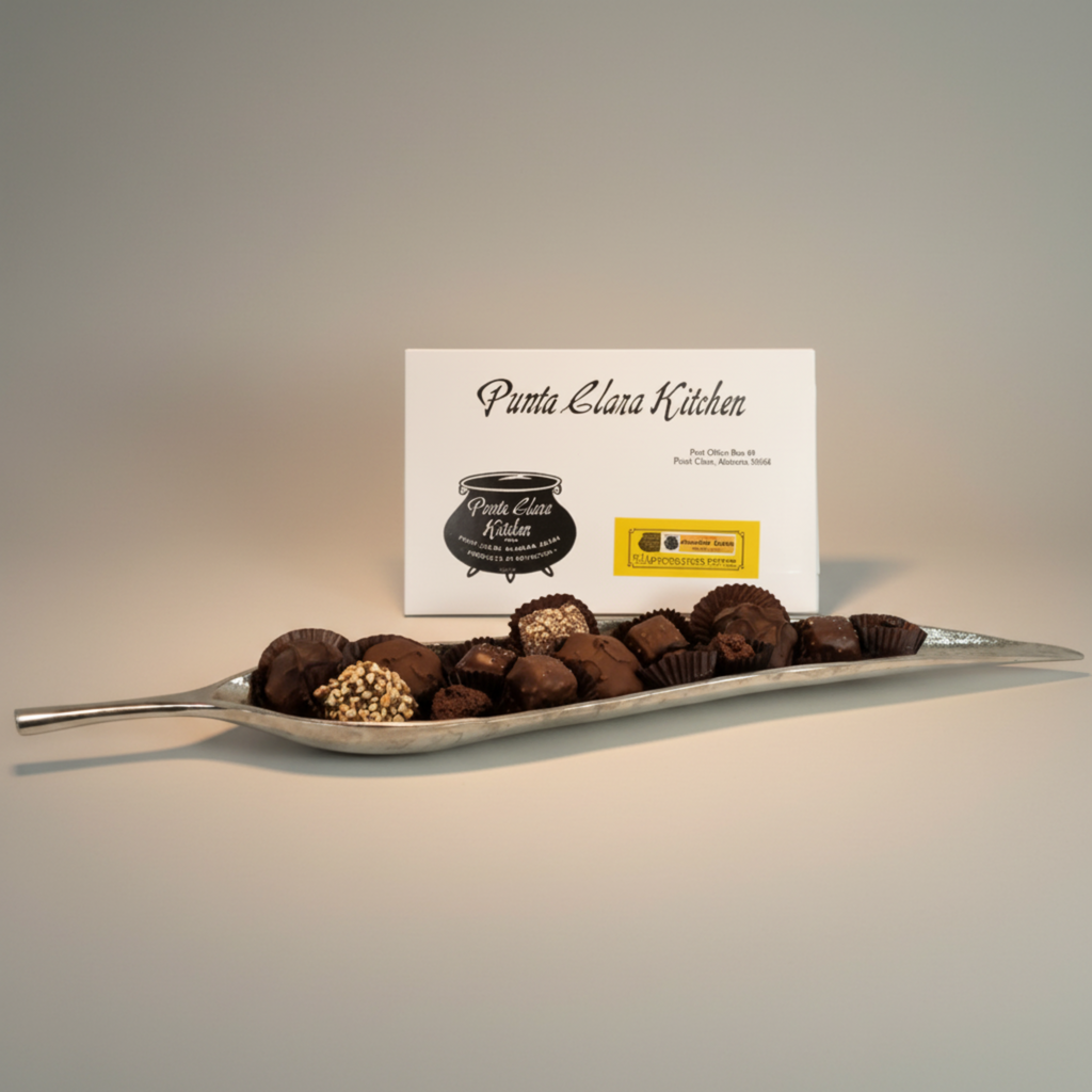 Sugar free candies on tray with Punta Clara Kitchen candy box in background